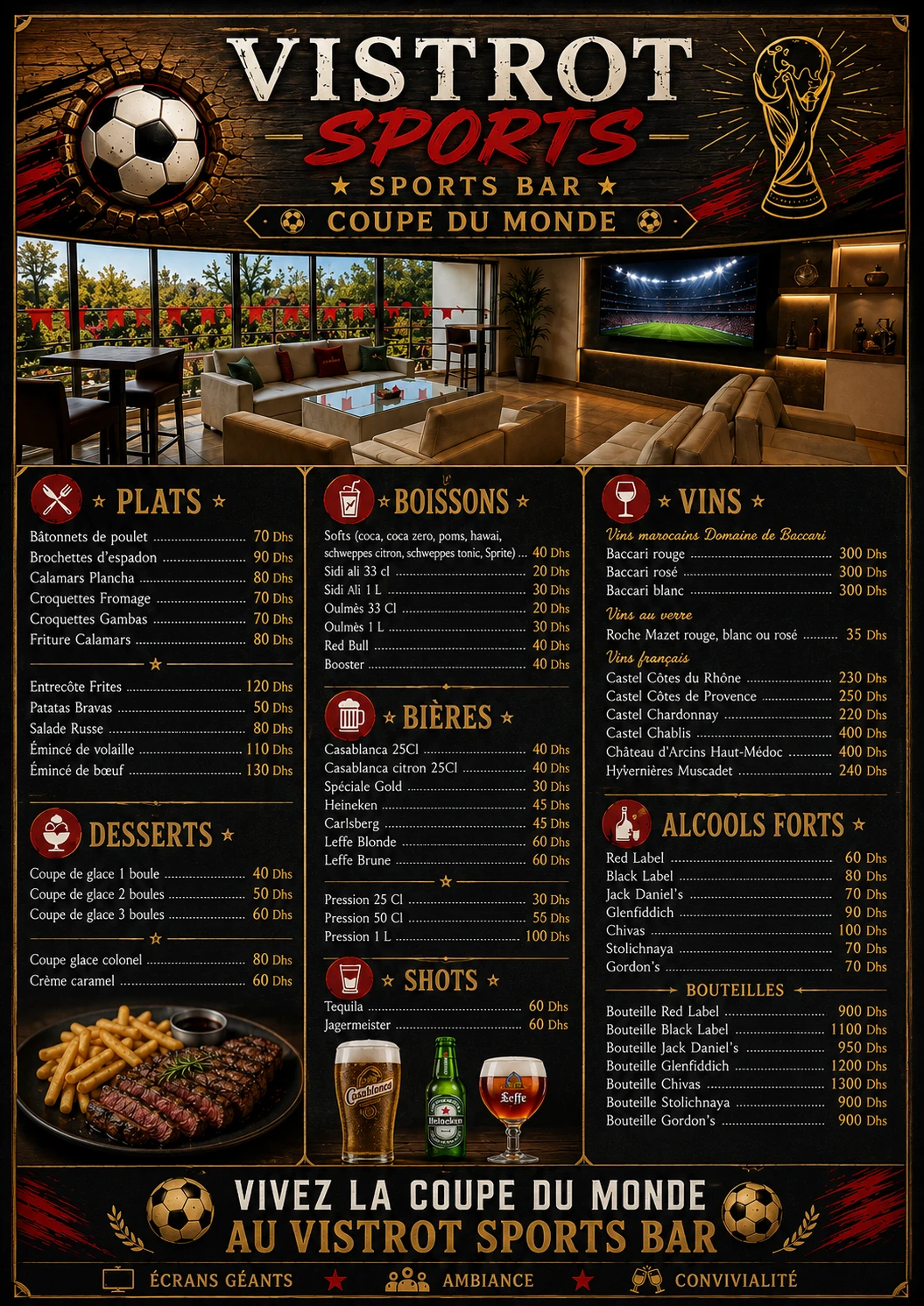 Menu Vistrot Sports Rabat avec plats, boissons, bières, vins et alcools